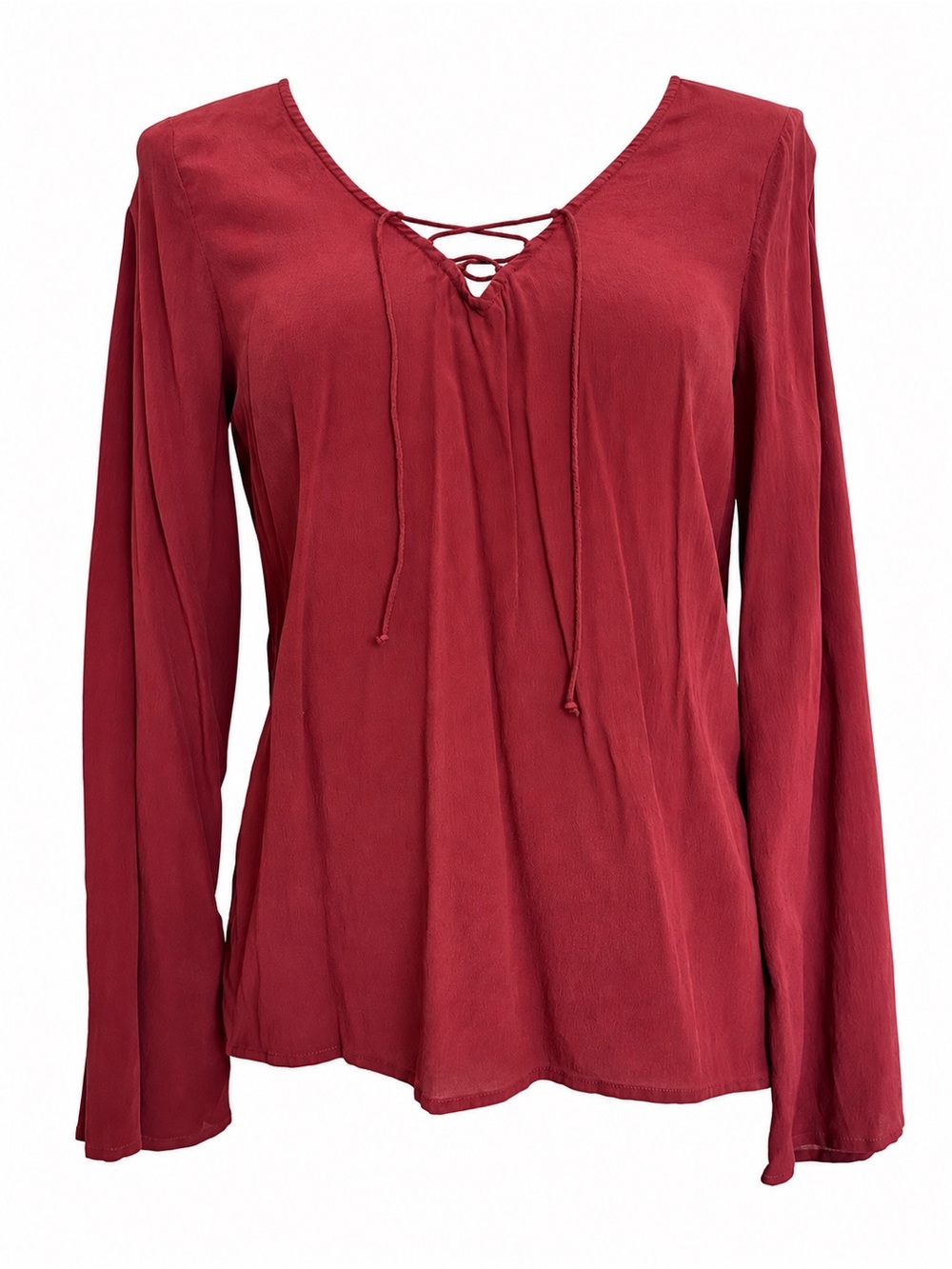 DORA LANDA 100% Silk Burgundy Maroon Lace-Up Long Sleeve Blouse Size S